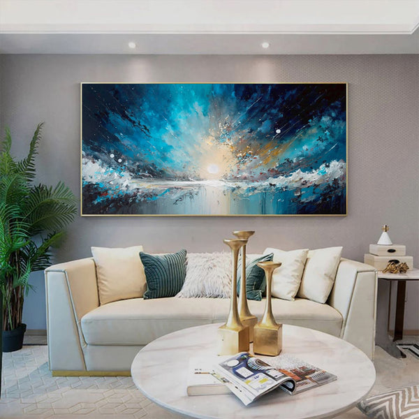 Cuadro Abstracto Cielo Estrellado Océano Azul - Lienzo Pintado a Mano para Sala de Estar