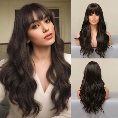 Peluca Ondulada Larga con Flequillo Natural Negro Volumen Completo