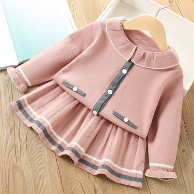 Conjunto Infantil Coreano Cardigan Tejido Liso Dos Piezas con Falda - Image 7