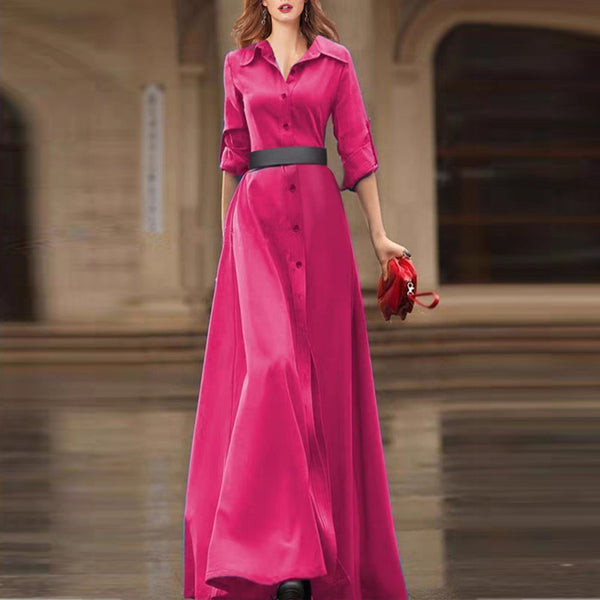 Vestido Largo Elegante con Cuello Camisero y Manga Tres Cuartos