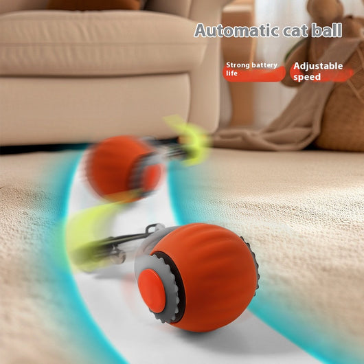 Blue and grey automatic cat toy ball with a yellow feather-like attachment and a small silver bell. - Image 12