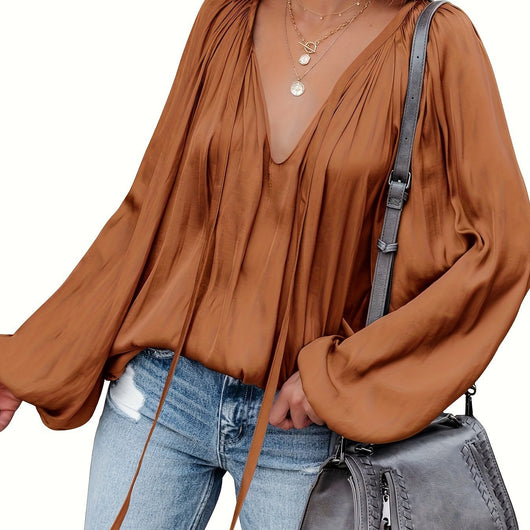 Blusa de Satén con Cuello en V y Mangas Largas para Mujer - Image 20