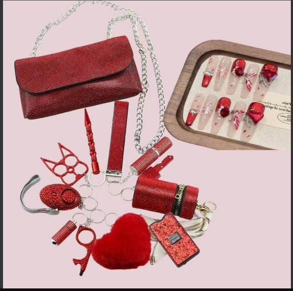Set de Defensa Personal para Mujer: Bolso Bandolera + Llavero de Seguridad + Uñas Postizas