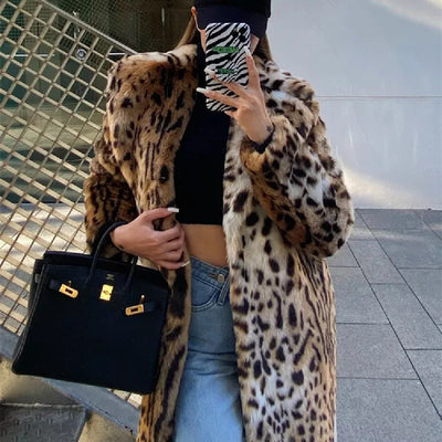 Abrigo de Piel Sintética Estampado Leopardo para Mujer