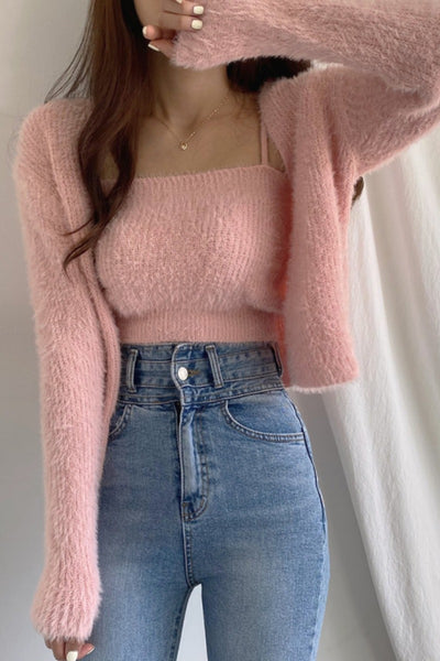 Conjunto de Dos Piezas: Cardigan de Visón Tejido con Top Tubo Primavera - Image 2