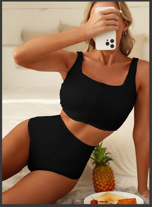 Women's black and white color block swimsuit set with a square neck crop top and high-waisted bottoms. - Image 9