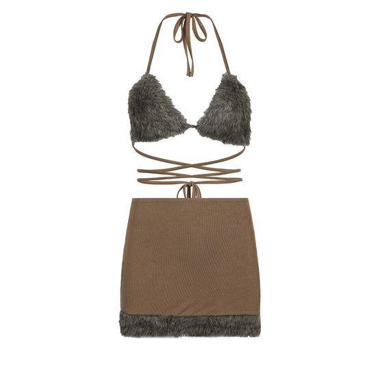 Conjunto de Dos Piezas: Top Halter Fuzzy con Falda Corta de Cintura Alta - Image 2