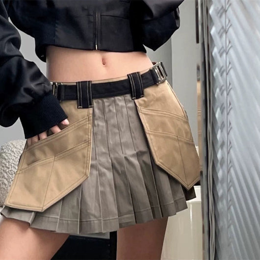 Falda Plisada Talle Bajo Estilo Militar Verde Oliva