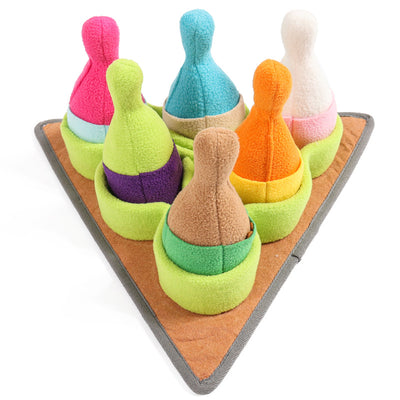 Colorful pet puzzle toy with bowling pin shapes and a chicken drumstick, designed for slow feeding and training. - Image 9