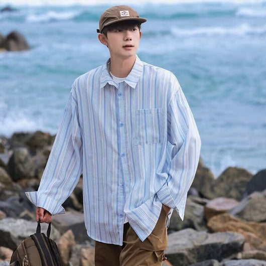 Camisa de Manga Larga Protección Solar Holgada a Rayas para Hombre - Image 7