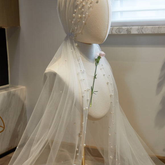 Vestido de Novia Largo con Velo de Perlas Fairy