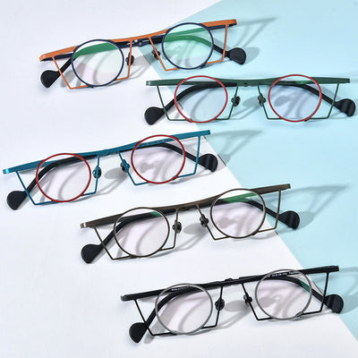 Gafas Retro Redondas de Titanio Puro con Combinación de Colores