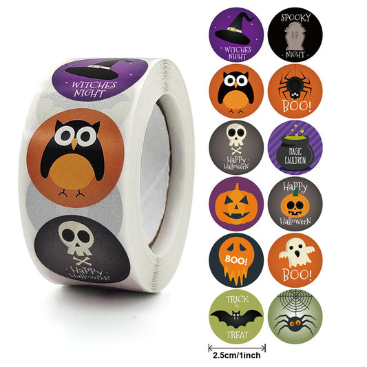 Roll of round Halloween stickers with designs including witches' hats, owls, skulls, pumpkins, ghosts, bats, and spiders.
