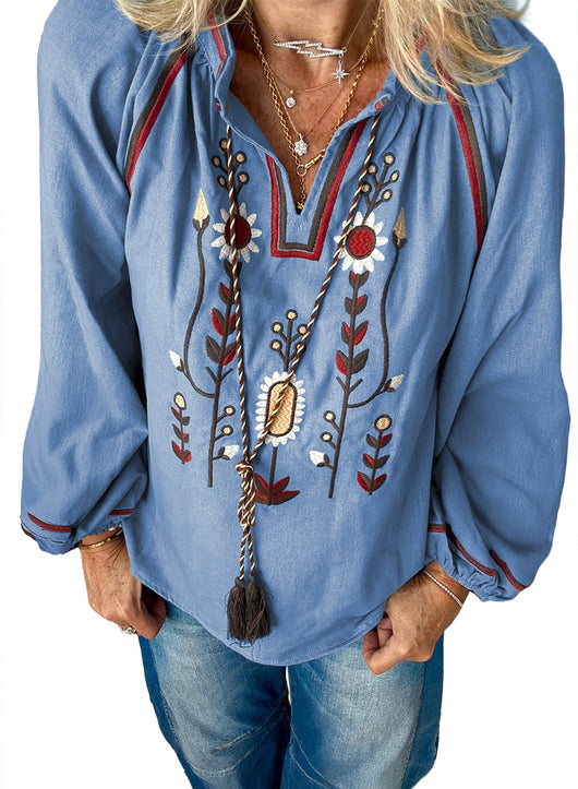 Blusa Casual de Gasa con Cuello Redondo y Bordados para Mujer - Image 6