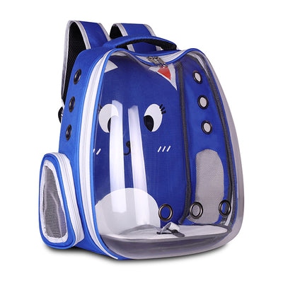 Light blue pet carrier backpack with a clear bubble window and a cartoon cat face design, featuring mesh sides. - Image 5