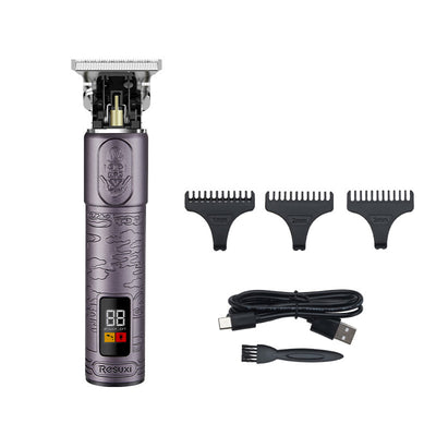 Gold electric hair clippers with an LCD display and engraved design, shown with 1mm, 2mm, 3mm guide combs, USB cable, and cleaning brush. - Image 9
