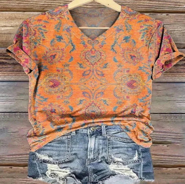 Playera Suelta de Cuello en V para Mujer con Estampado Digital 3D - Image 2