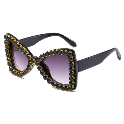 Pink butterfly frame sunglasses with purple gradient lenses and sparkling purple rhinestone embellishments. - Image 14