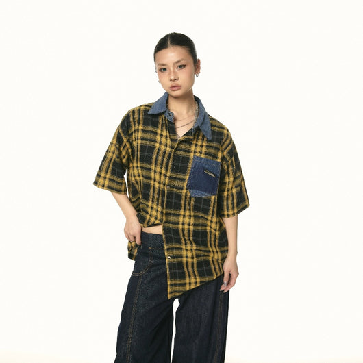 Camisa Retro de Cuadros Patchwork Contraste - Manga Corta Verano - Image 12