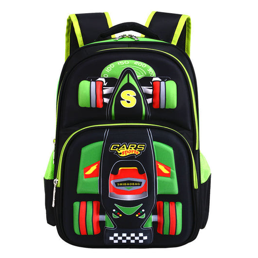 Black and blue boys' primary school backpack with a 3D race car design and padded shoulder straps. - Image 4