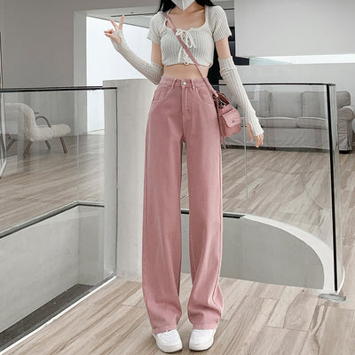 Pantalón Denim Rosa Palo Talle Alto Efecto Esbeltecedor Pierna Ancha Recta - Image 2