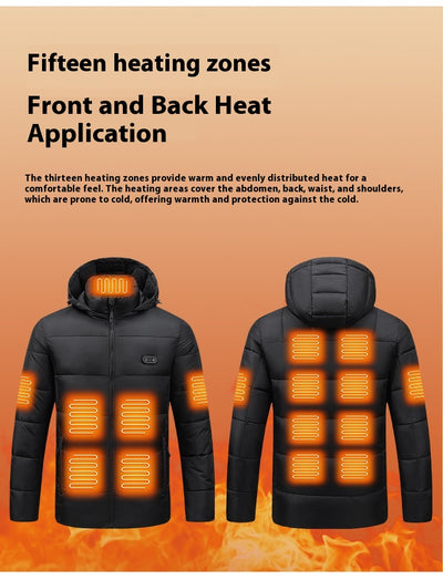 Man and woman modeling black smart heating puffer jackets with hoods, zippered pockets, and horizontal quilting. - Image 23