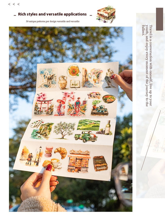 Set of 50 PET stickers featuring watercolor illustrations of a Greece tour, including buildings, landscapes, and food. - Image 22