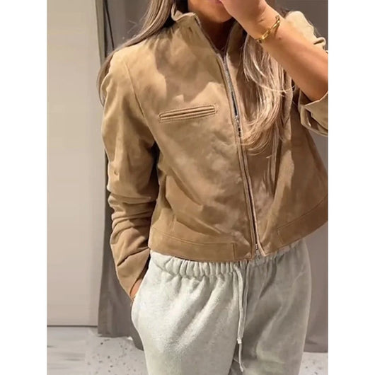 Chaqueta de Gamuza Marrón para Primavera con Cuello de Pie y Cierre - Image 7