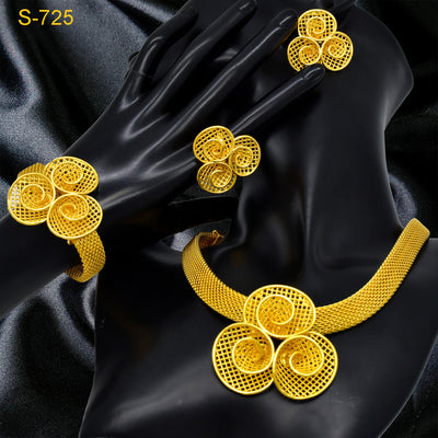 Gold-colored four-piece jewelry set with mesh texture: necklace, drop earrings, bracelet, and ring, all with knot design. - Image 15