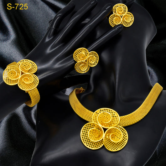 Gold-colored four-piece jewelry set with mesh texture: necklace, drop earrings, bracelet, and ring, all with knot design. - Image 15