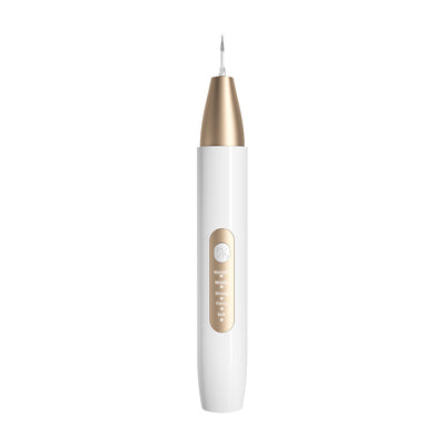 White and gold ultrasonic tooth cleaner with a pointed metal tip, standing in a white charging base. - Image 8