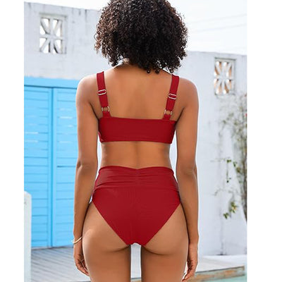White pleated bikini with wide shoulder straps and high-waisted ruched bottom on a model. - Image 3