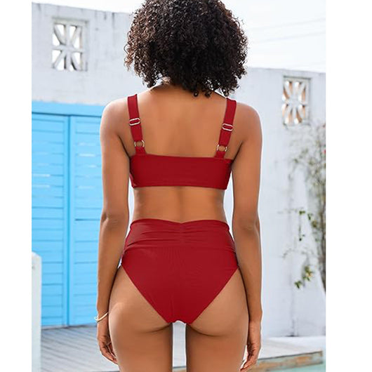 White pleated bikini with wide shoulder straps and high-waisted ruched bottom on a model. - Image 3
