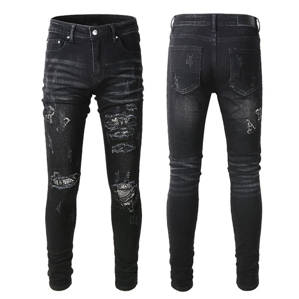 Jeans Rotos para Hombre con Parche Estampado de Flor de Marañón Negro