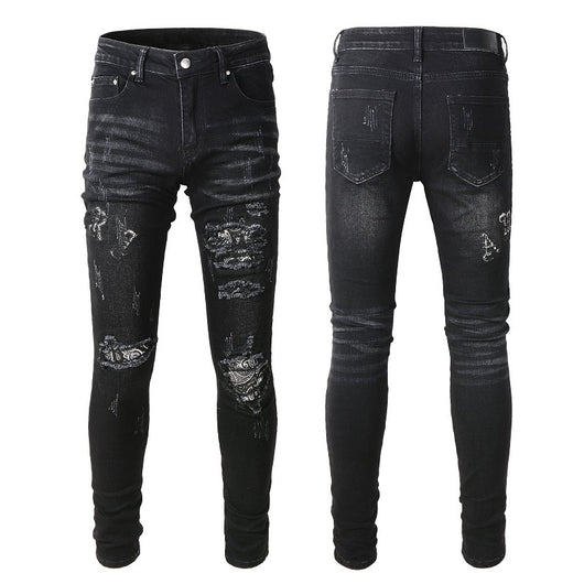 Jeans Rotos para Hombre con Parche Estampado de Flor de Marañón Negro