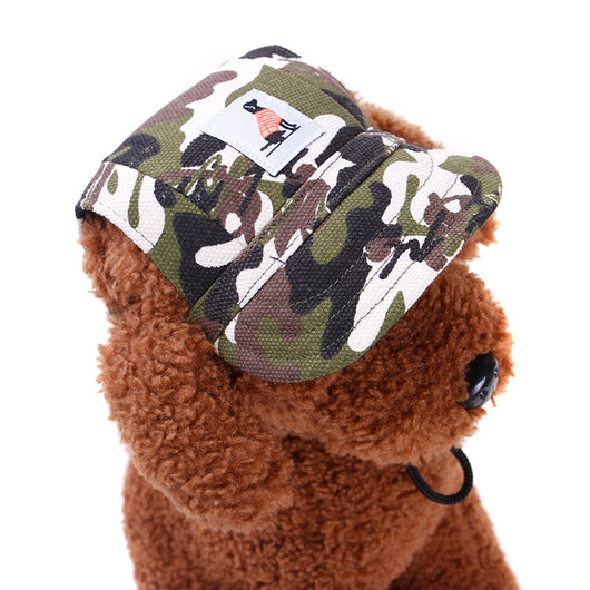 Orange pet baseball cap with ear holes and a curved brim, featuring a small patch with a dog graphic.