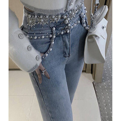 Jeans Talle Alto Abotonado con Detalles de Cuentas y Costuras en Lana - Image 5