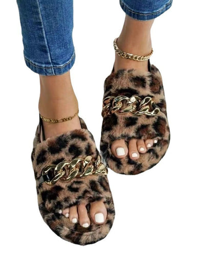 Pantuflas Étnicas Leopardo con Cadena Metálica y Felpa Suave - Image 8