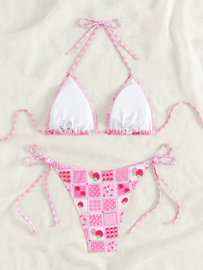Female creative minimally printed split bikini set with a vibrant bohemian pattern and tie-side bottoms. - Image 18