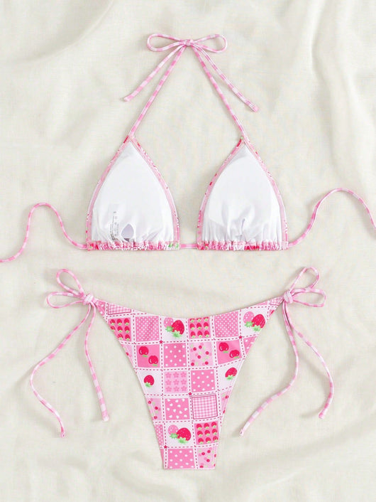 Female creative minimally printed split bikini set with a vibrant bohemian pattern and tie-side bottoms. - Image 18