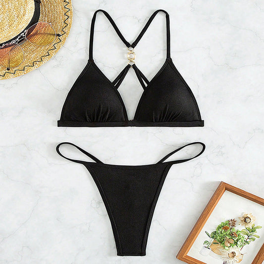 Black ribbed triangle halter bikini top and matching thong bottom on a woman, perfect for beach or pool. - Image 2