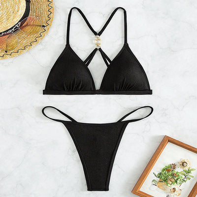 Black ribbed triangle halter bikini top and matching thong bottom on a woman, perfect for beach or pool. - Image 2