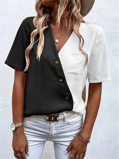 Blusa Elegante de Chifón con Contraste y Manga Corta para Mujer - Image 14