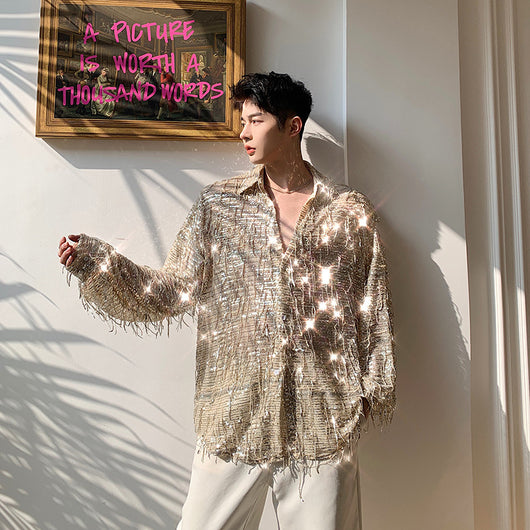 Camisa de Malla Brillante con Flecos y Lentejuelas para Hombre