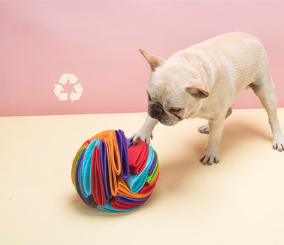 Colorful felt snuffle ball for dogs, designed to hide treats and provide mental stimulation. - Image 5