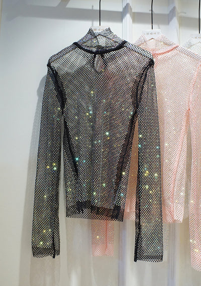 Blusa Transparente de Manga Larga con Cristales y Diamantes Brillantes - Image 4