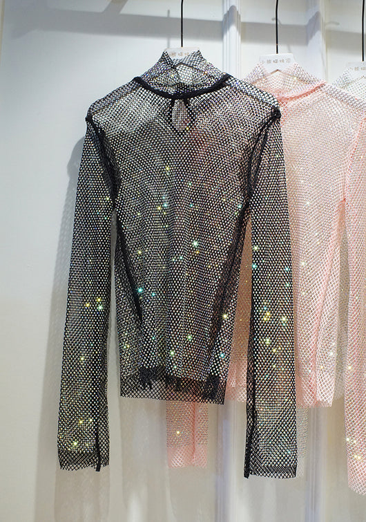 Blusa Transparente de Manga Larga con Cristales y Diamantes Brillantes - Image 4