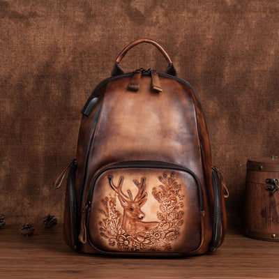 Mochila Personalizada de Cuero Pulido Vintage con Diseño de Ciervo - Image 3