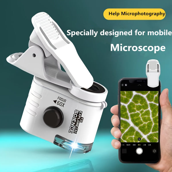 Microscopio Portátil 60x con Adaptador para Celular y Luz LED