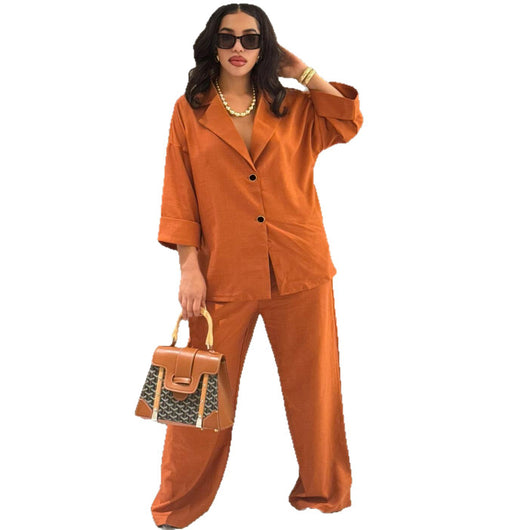Conjunto de Dos Piezas: Camisa Suelta con Solapa y Pantalón Recto de Talle Alto - Image 5